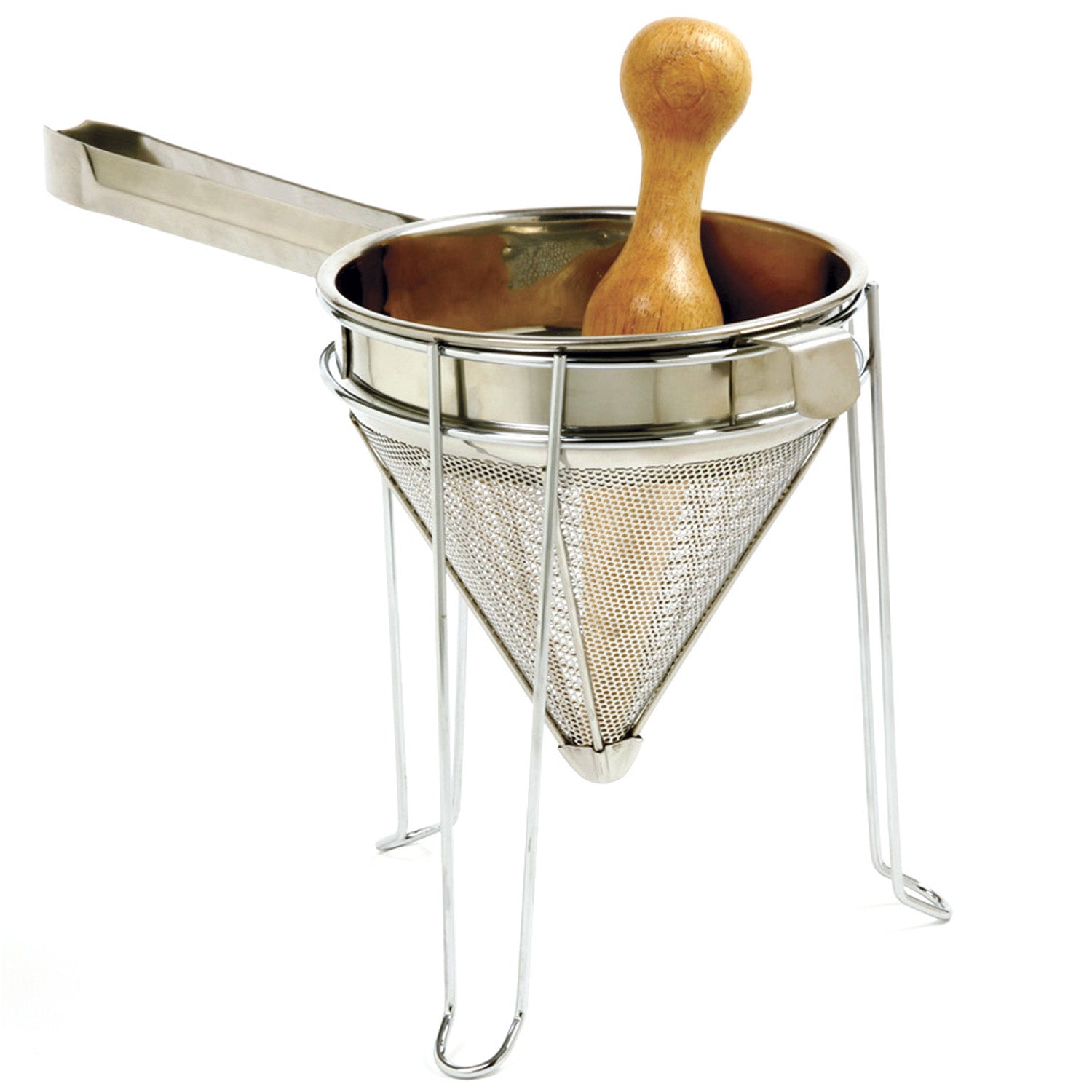 A stainless steel chinois strainer with a wooden pestle, mounted on a chromed steel stand.
