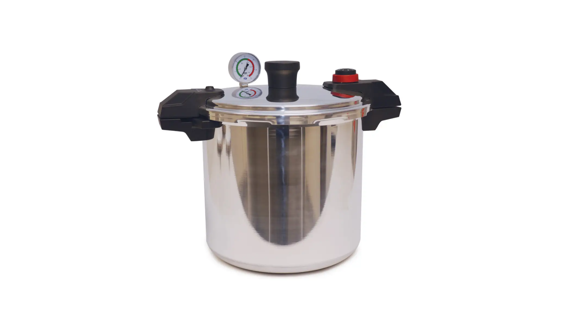 A shiny metal pressure cooker canner pot with black handles and a lid with a pressure dial.